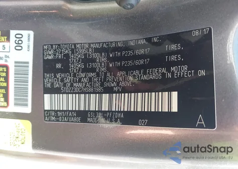 2017 Toyota Sienna L 7 Passenger z USA, uszkodzony, nr VIN 5TDZZ3DC7HS881985